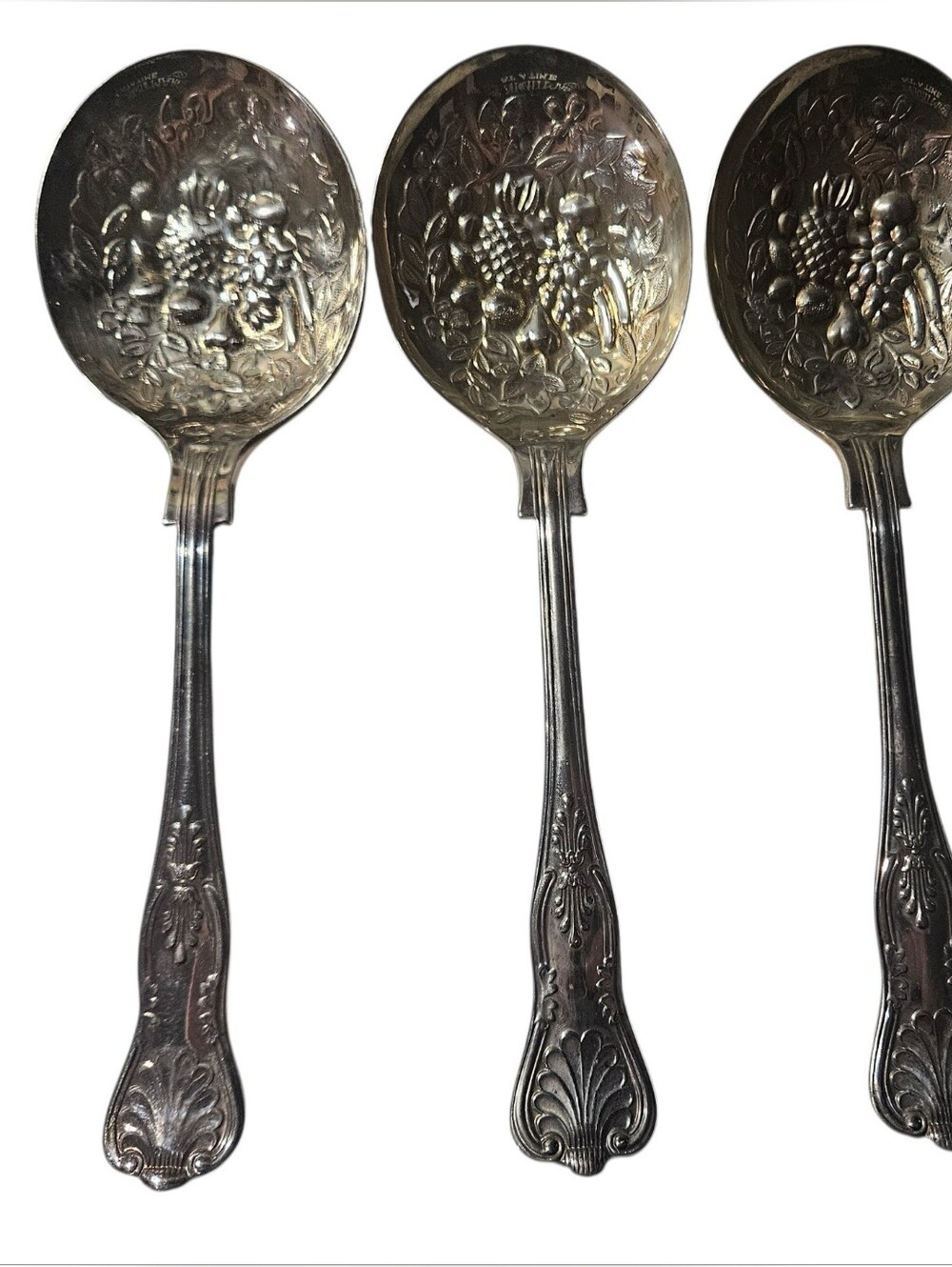 Vintage Sheffield England Set Of Three Fruit Themed Embossed Serving Spoons!